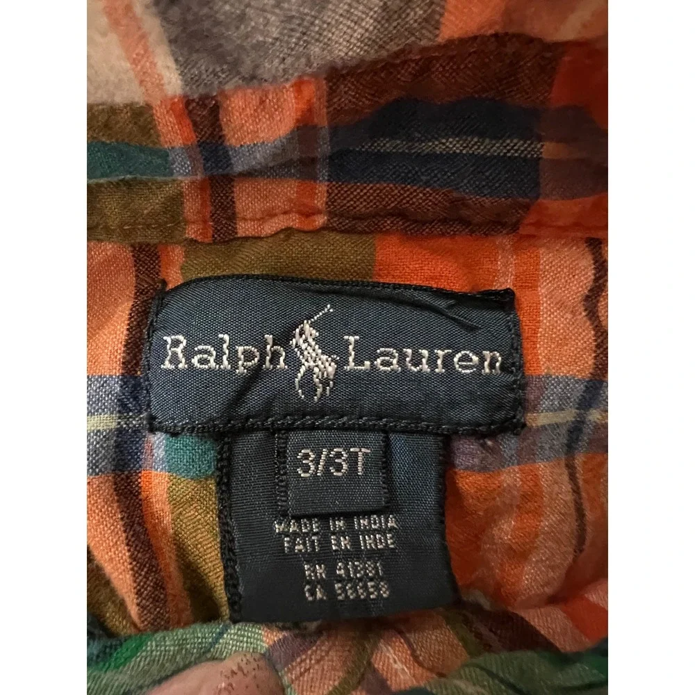 Ralph Lauren Boys 3T Orange Green Plaid Flannel Button Down Shirt Long Sleeve